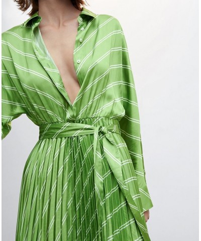 Women's Pleated Satin Shirt Dress Green $41.00 Dresses