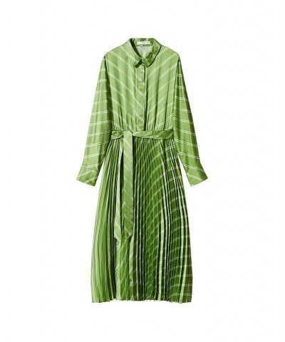 Women's Pleated Satin Shirt Dress Green $41.00 Dresses