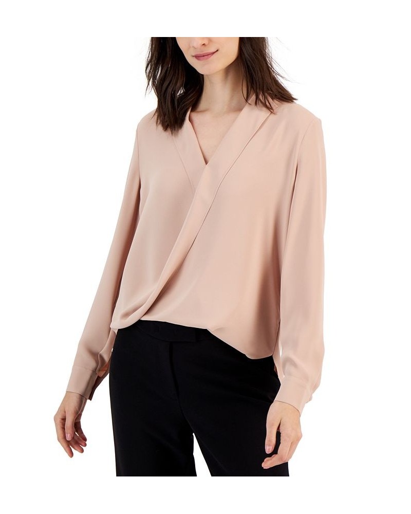 Women's Collared Surplice-Front Blouse Pink $27.00 Tops