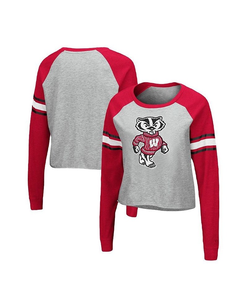 Women's Heathered Gray and Red Wisconsin Badgers Decoder Pin Raglan Long Sleeve T-shirt Heathered Gray, Red $25.49 Tops