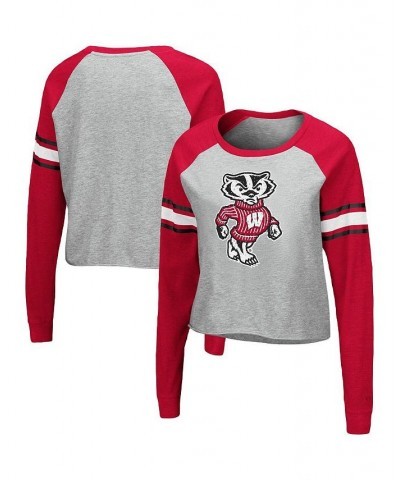 Women's Heathered Gray and Red Wisconsin Badgers Decoder Pin Raglan Long Sleeve T-shirt Heathered Gray, Red $25.49 Tops