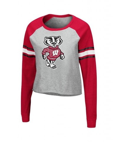 Women's Heathered Gray and Red Wisconsin Badgers Decoder Pin Raglan Long Sleeve T-shirt Heathered Gray, Red $25.49 Tops