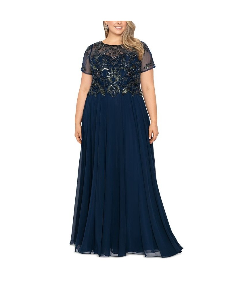 Plus Size Embellished Chiffon Ball Gown Navy $138.18 Dresses