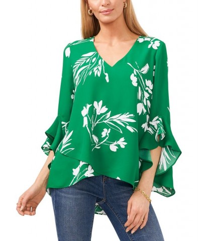 Women's Floral Whisper Printed Flutter-Sleeve Blouse Green $41.58 Tops