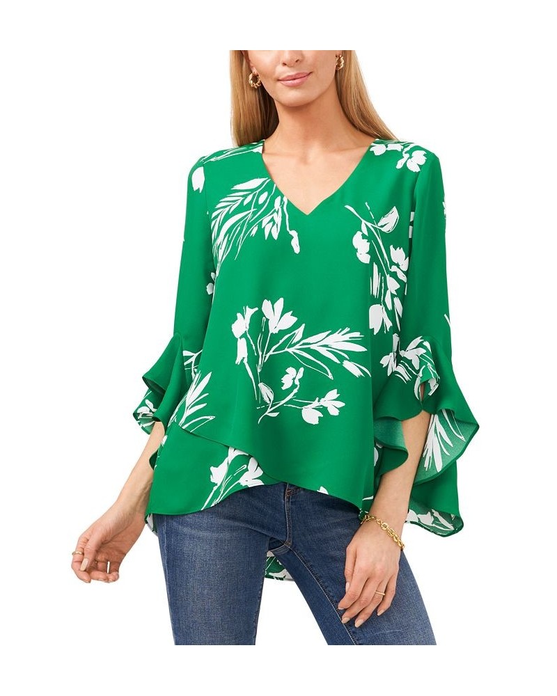 Women's Floral Whisper Printed Flutter-Sleeve Blouse Green $41.58 Tops