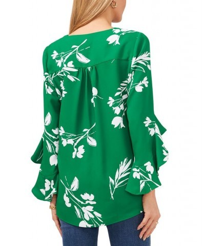 Women's Floral Whisper Printed Flutter-Sleeve Blouse Green $41.58 Tops