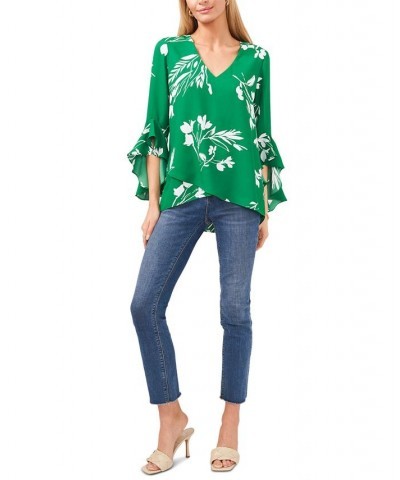 Women's Floral Whisper Printed Flutter-Sleeve Blouse Green $41.58 Tops