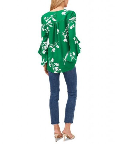 Women's Floral Whisper Printed Flutter-Sleeve Blouse Green $41.58 Tops