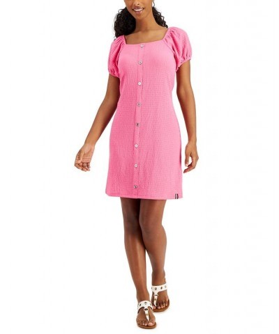 Women's Button Puff-Sleeve Dress Pink $41.17 Dresses