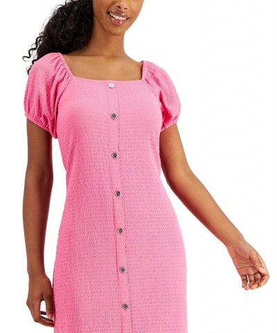 Women's Button Puff-Sleeve Dress Pink $41.17 Dresses