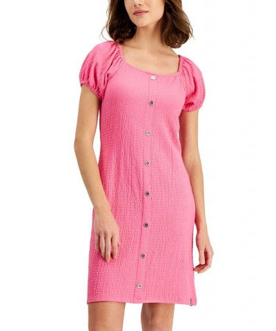 Women's Button Puff-Sleeve Dress Pink $41.17 Dresses