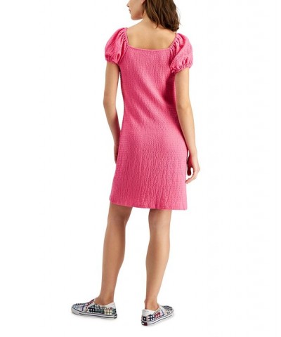 Women's Button Puff-Sleeve Dress Pink $41.17 Dresses