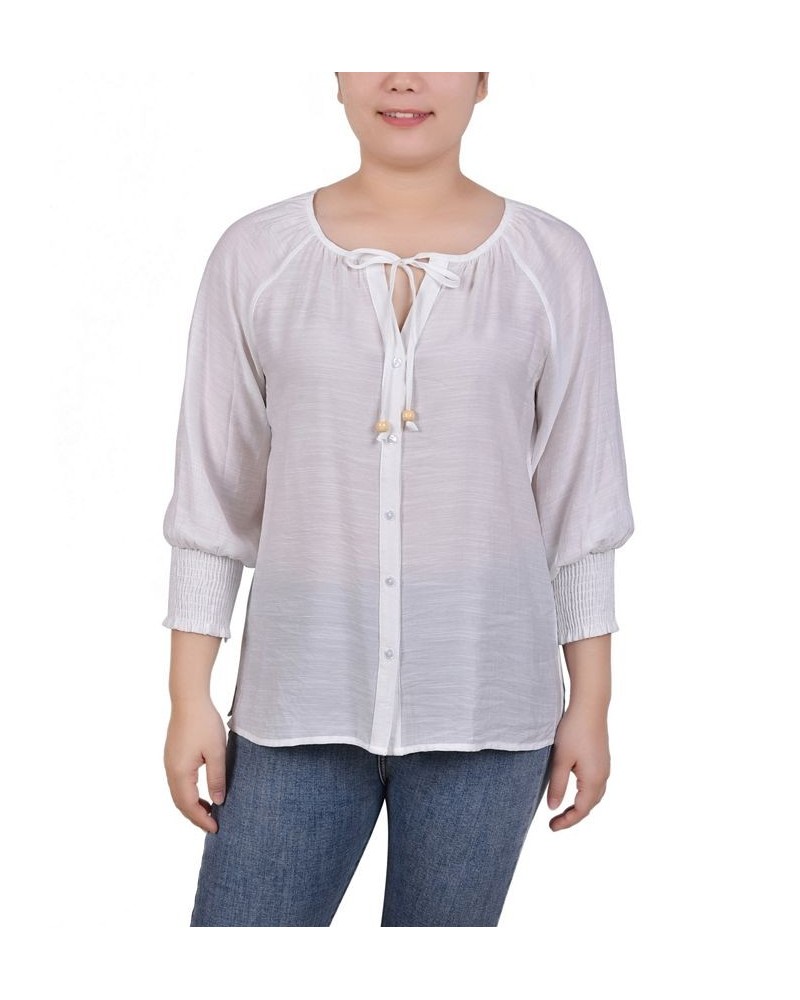 Petite Button Front 3/4 Sleeve Blouse White $31.86 Tops