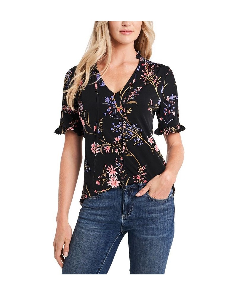 Women's Ruffled Floral-Print Short Sleeve Blouse Rich Black $27.60 Tops