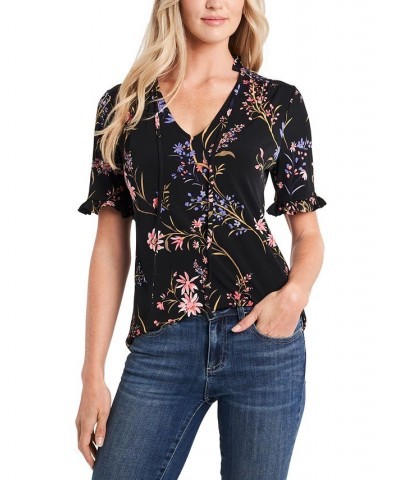 Women's Ruffled Floral-Print Short Sleeve Blouse Rich Black $27.60 Tops