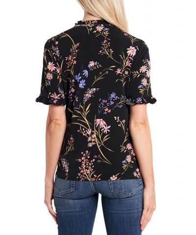 Women's Ruffled Floral-Print Short Sleeve Blouse Rich Black $27.60 Tops