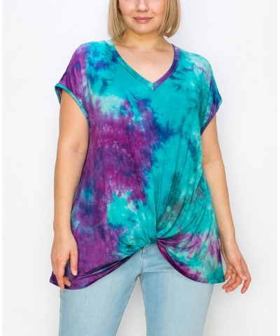 Plus Size Hand Tie Dye V-Neck Twist Front Top Aqua/Fuchsia $18.98 Tops