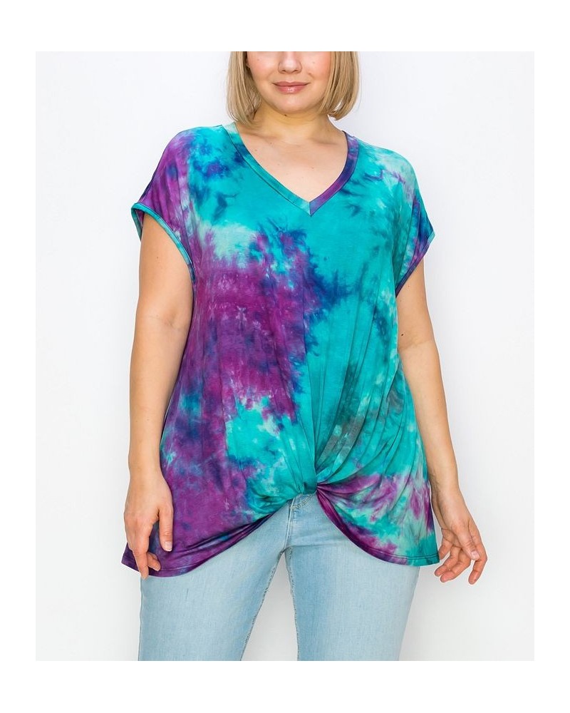 Plus Size Hand Tie Dye V-Neck Twist Front Top Aqua/Fuchsia $18.98 Tops