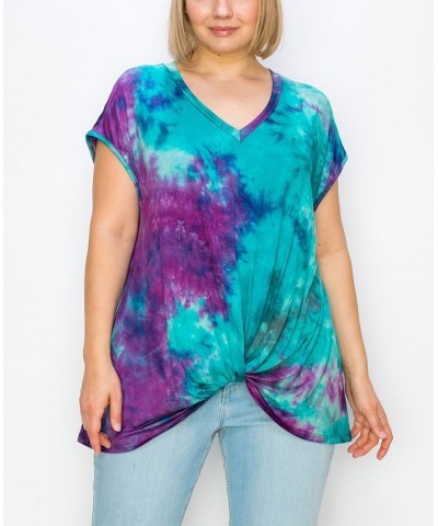 Plus Size Hand Tie Dye V-Neck Twist Front Top Aqua/Fuchsia $18.98 Tops