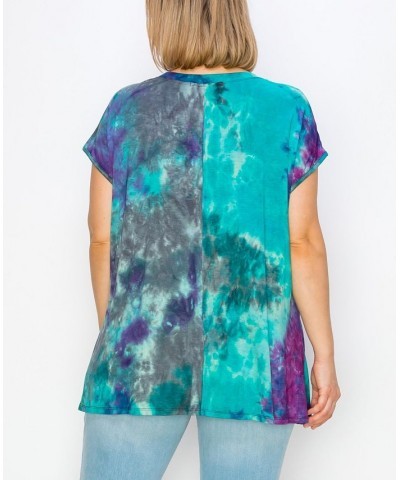 Plus Size Hand Tie Dye V-Neck Twist Front Top Aqua/Fuchsia $18.98 Tops