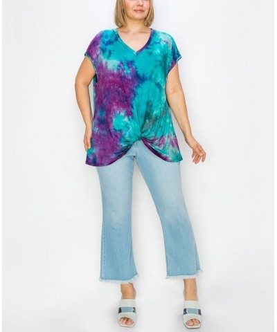 Plus Size Hand Tie Dye V-Neck Twist Front Top Aqua/Fuchsia $18.98 Tops