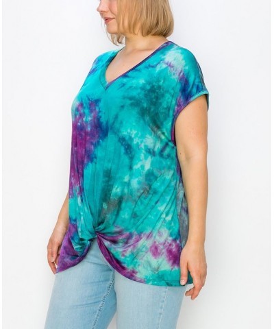 Plus Size Hand Tie Dye V-Neck Twist Front Top Aqua/Fuchsia $18.98 Tops