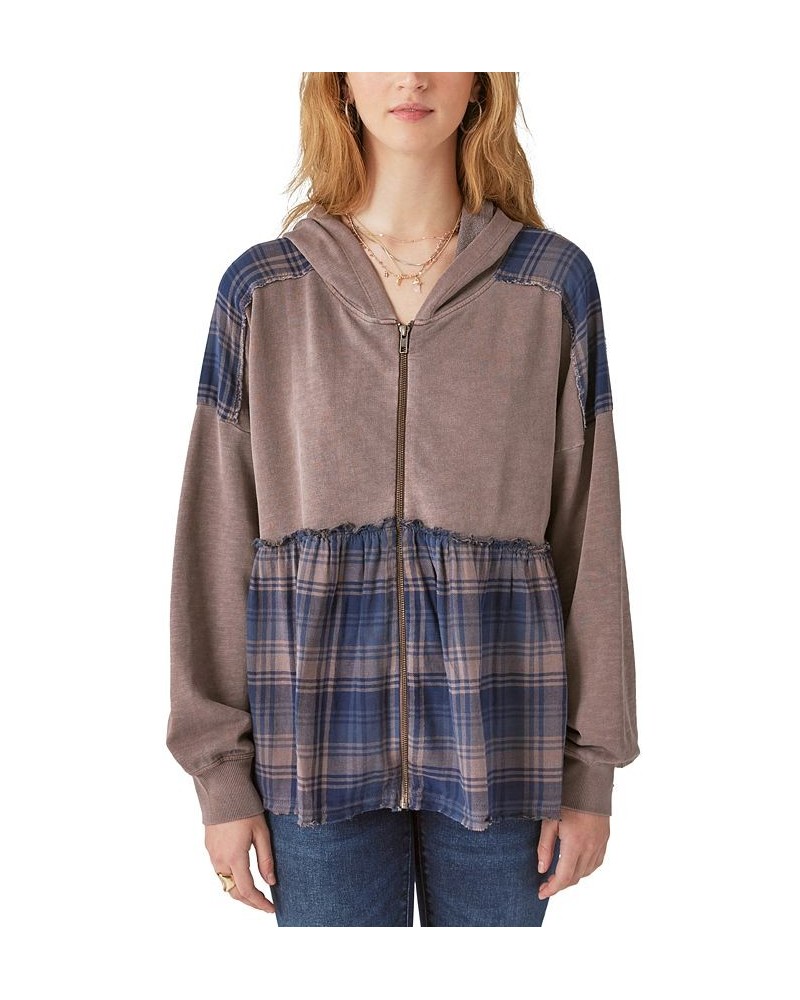 Women's Plaid Patchwork Full-Zip Hoodie Sweatshirt Peppercorn $32.78 Sweatshirts