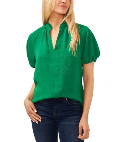 Women's Ruffle Neck Raglan Split Neck Blouse Green $41.08 Tops