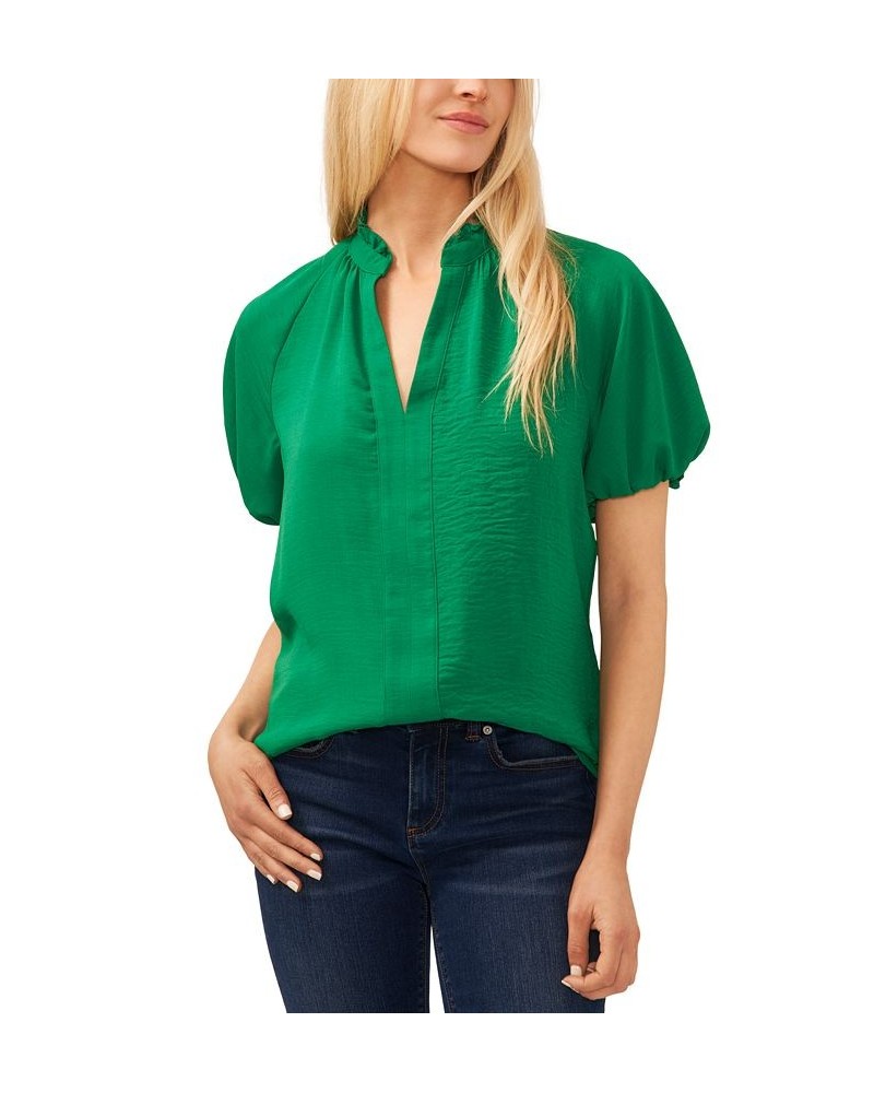 Women's Ruffle Neck Raglan Split Neck Blouse Green $41.08 Tops