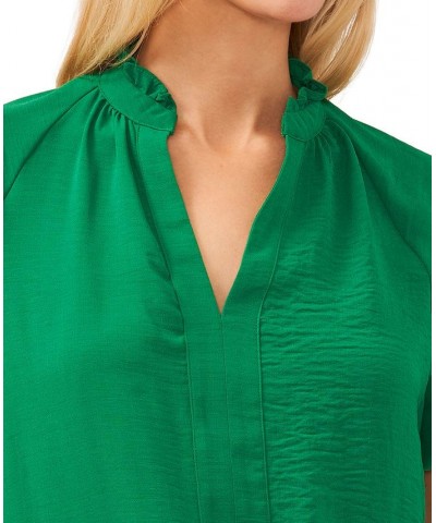 Women's Ruffle Neck Raglan Split Neck Blouse Green $41.08 Tops