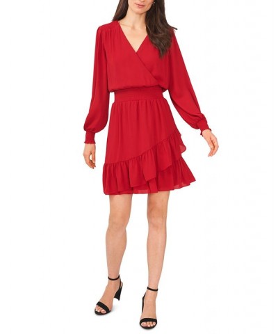 Women's Solid Smocked-Waist Ruffled-Hem Surplice-Neck Dress Dark Red $24.98 Dresses