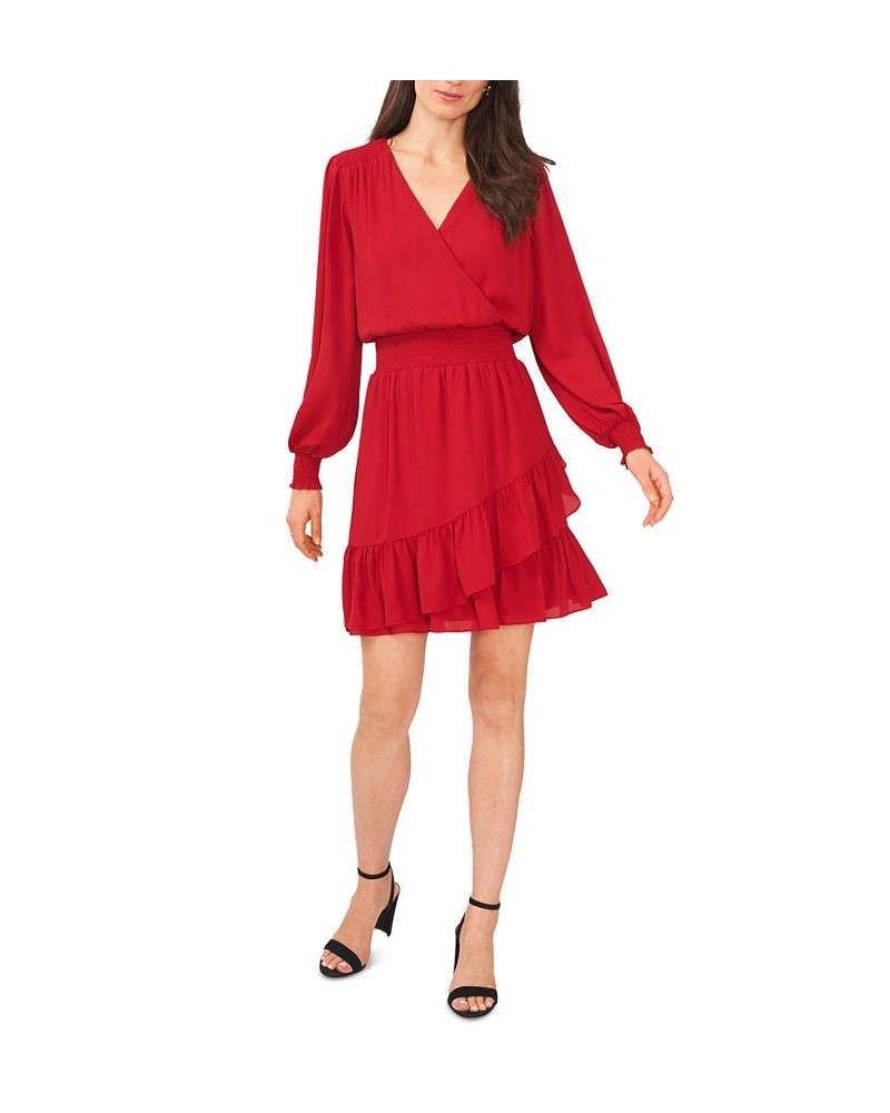 Women's Solid Smocked-Waist Ruffled-Hem Surplice-Neck Dress Dark Red $24.98 Dresses