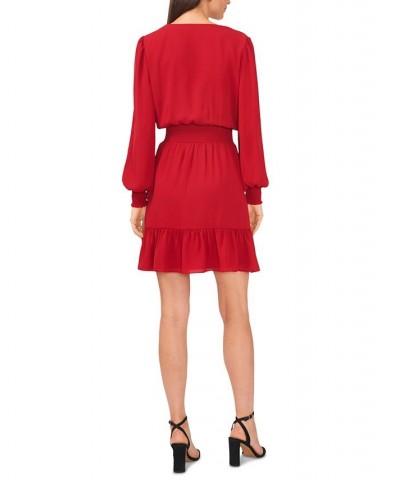 Women's Solid Smocked-Waist Ruffled-Hem Surplice-Neck Dress Dark Red $24.98 Dresses