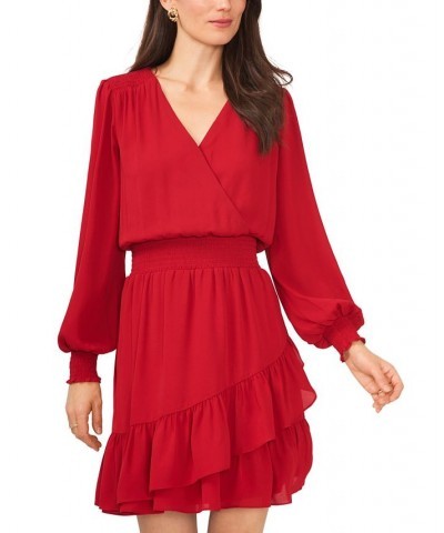 Women's Solid Smocked-Waist Ruffled-Hem Surplice-Neck Dress Dark Red $24.98 Dresses