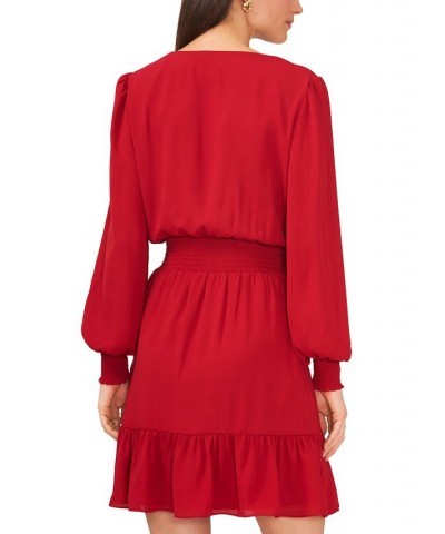 Women's Solid Smocked-Waist Ruffled-Hem Surplice-Neck Dress Dark Red $24.98 Dresses