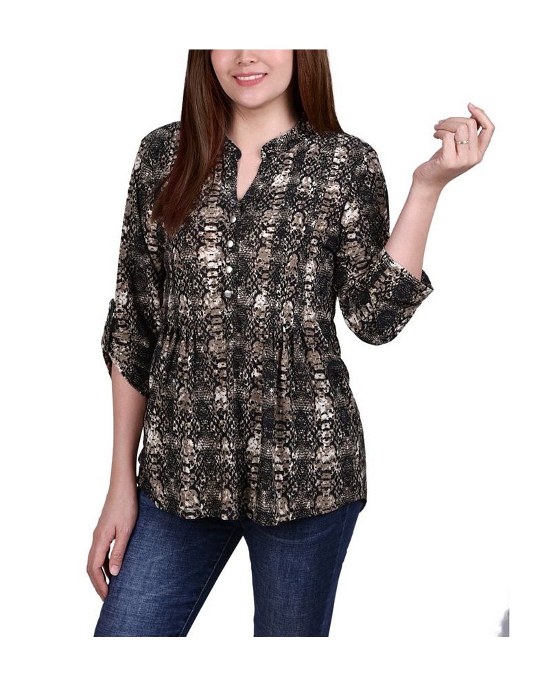 Women's 3/4 Roll Tab Sleeve Y-neck Top Multi Abstract $15.36 Tops