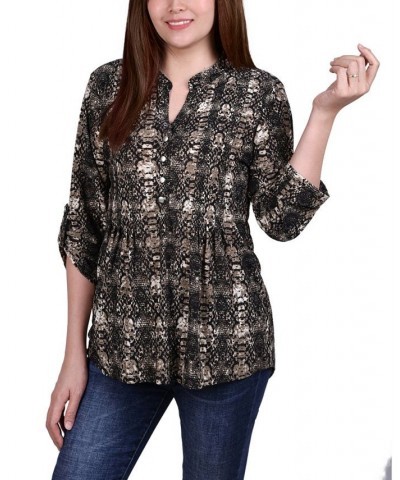 Women's 3/4 Roll Tab Sleeve Y-neck Top Multi Abstract $15.36 Tops