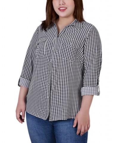 Plus Size 3/4 Sleeve Roll Tab Notch Collar Blouse Black Herringbone $16.64 Tops