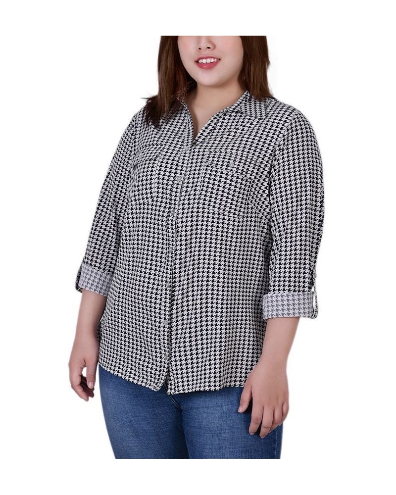 Plus Size 3/4 Sleeve Roll Tab Notch Collar Blouse Black Herringbone $16.64 Tops