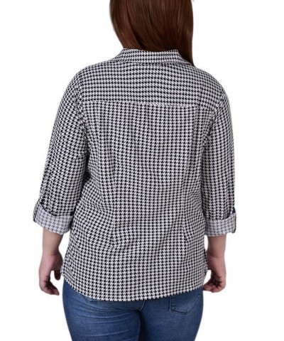 Plus Size 3/4 Sleeve Roll Tab Notch Collar Blouse Black Herringbone $16.64 Tops