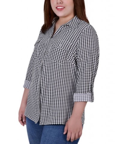 Plus Size 3/4 Sleeve Roll Tab Notch Collar Blouse Black Herringbone $16.64 Tops