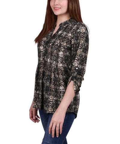 Women's 3/4 Roll Tab Sleeve Y-neck Top Multi Abstract $15.36 Tops