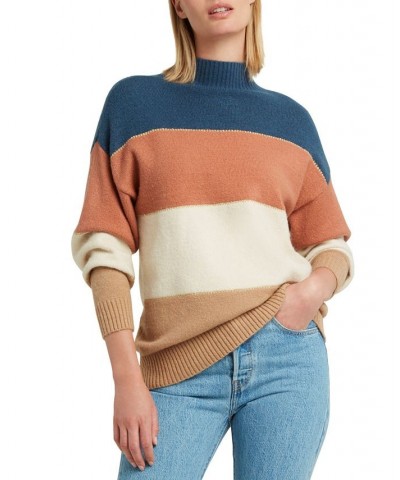 Women's Colorblocked Mock-Neck Long Sleeve Sweater Denim Blue Combo $35.26 Sweaters