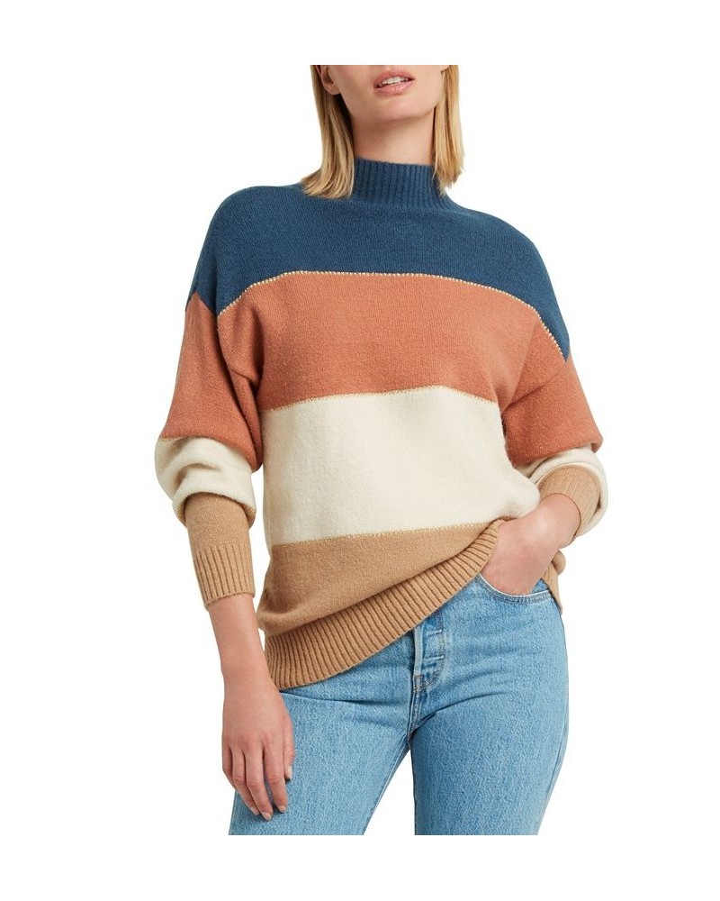 Women's Colorblocked Mock-Neck Long Sleeve Sweater Denim Blue Combo $35.26 Sweaters