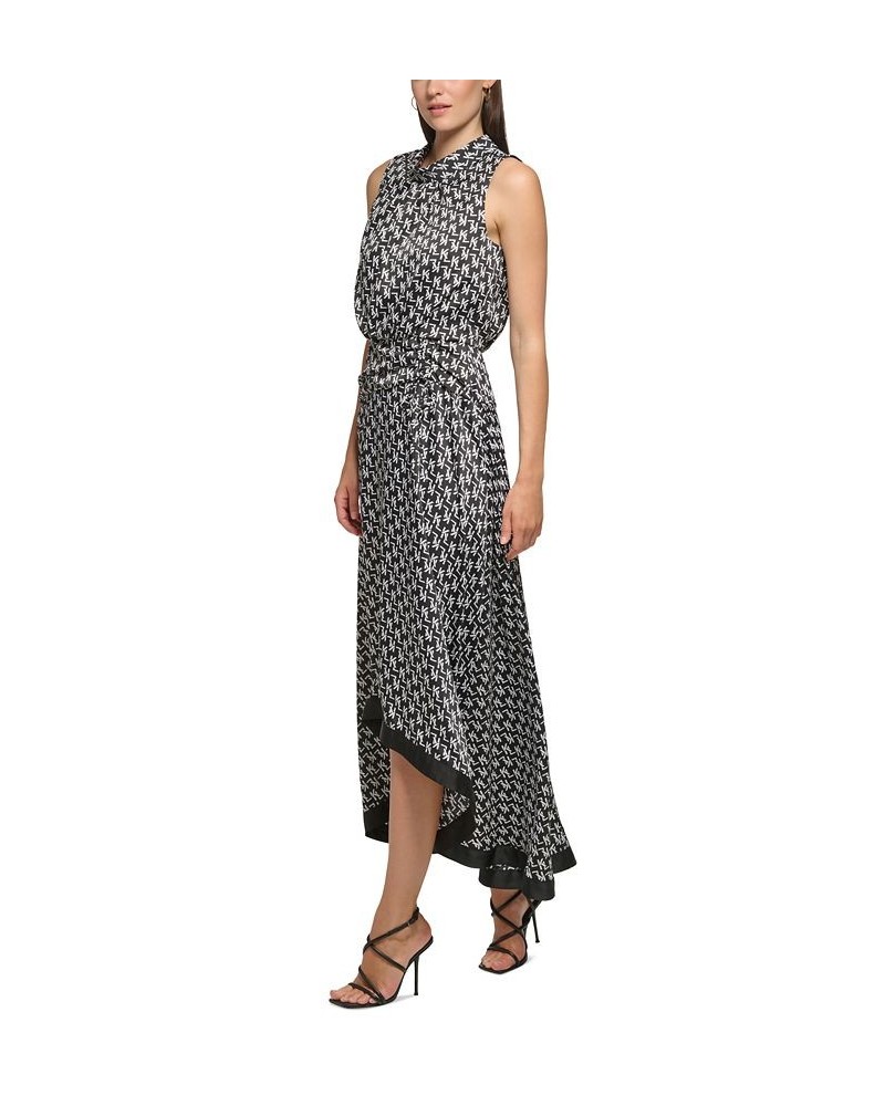 Women's Mock Neck Blouson High-Low Printed Midi Dress Black White $63.84 Dresses