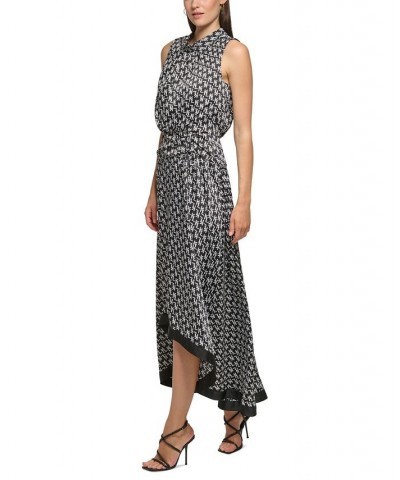 Women's Mock Neck Blouson High-Low Printed Midi Dress Black White $63.84 Dresses