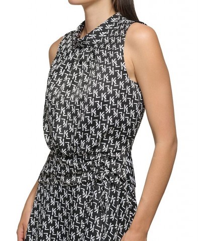 Women's Mock Neck Blouson High-Low Printed Midi Dress Black White $63.84 Dresses