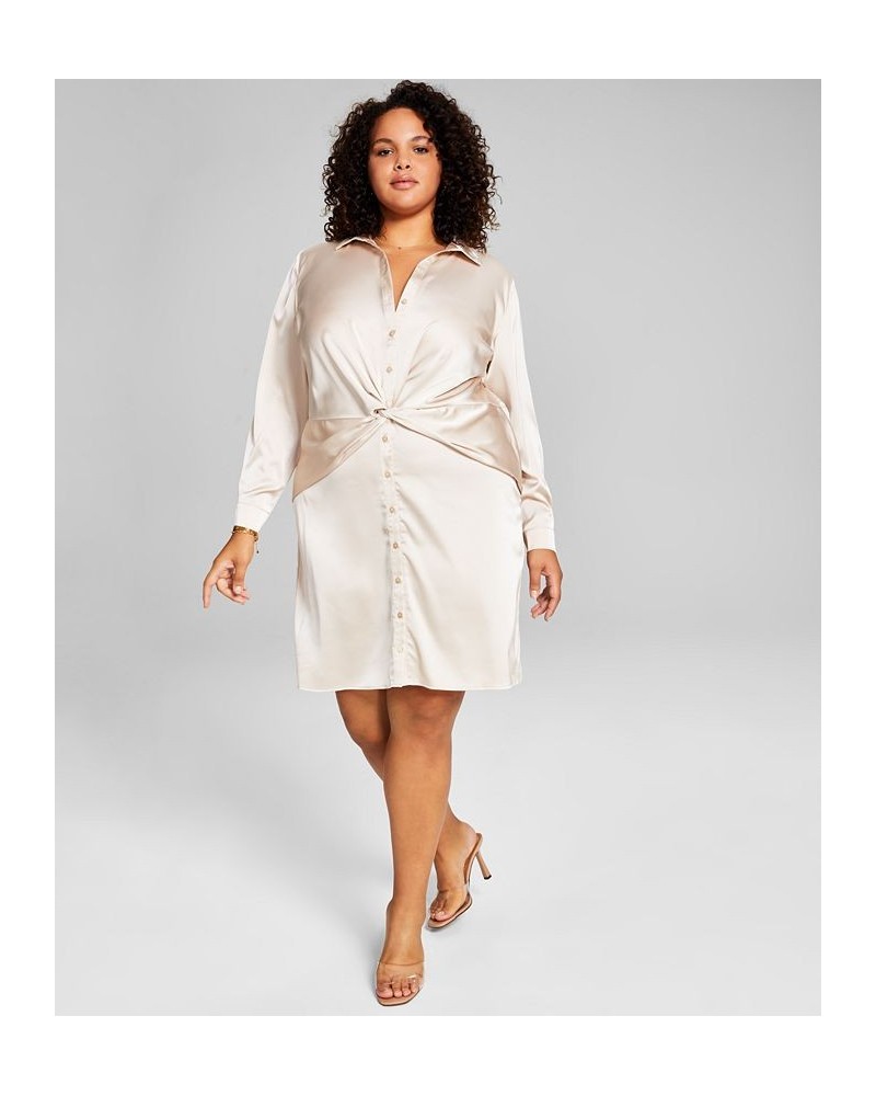 Trendy Plus Size Faux-Wrap Satin Dress Tan/Beige $14.15 Dresses