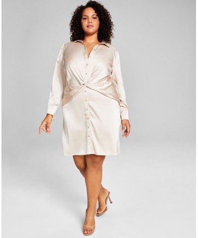 Trendy Plus Size Faux-Wrap Satin Dress Tan/Beige $14.15 Dresses