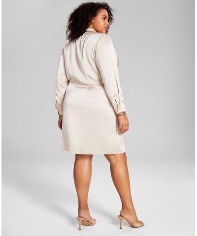 Trendy Plus Size Faux-Wrap Satin Dress Tan/Beige $14.15 Dresses